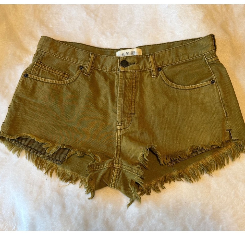 We The Free Women Olive Green Denim Cutoff Shorts Frayed Hem Size 29